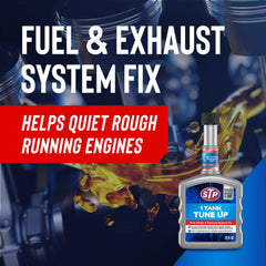 STP pouring into a gas tank demonstrating easy one-bottle application