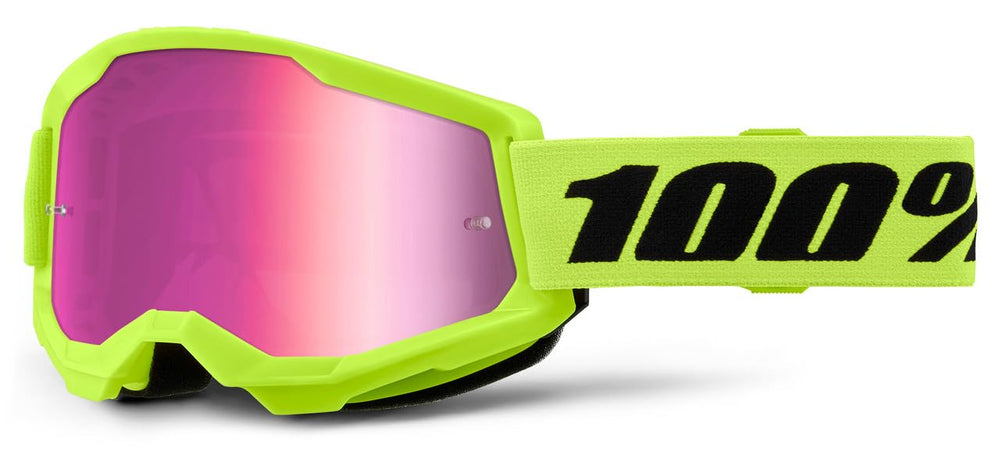 STRATA 2 Goggles front view neon yellow frame pink mirror lens improves visibility