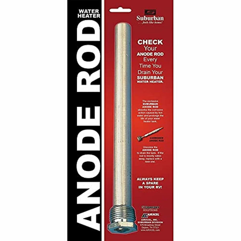 Suburban anode rod closeup showing aluminum jacket and stainless core benefits