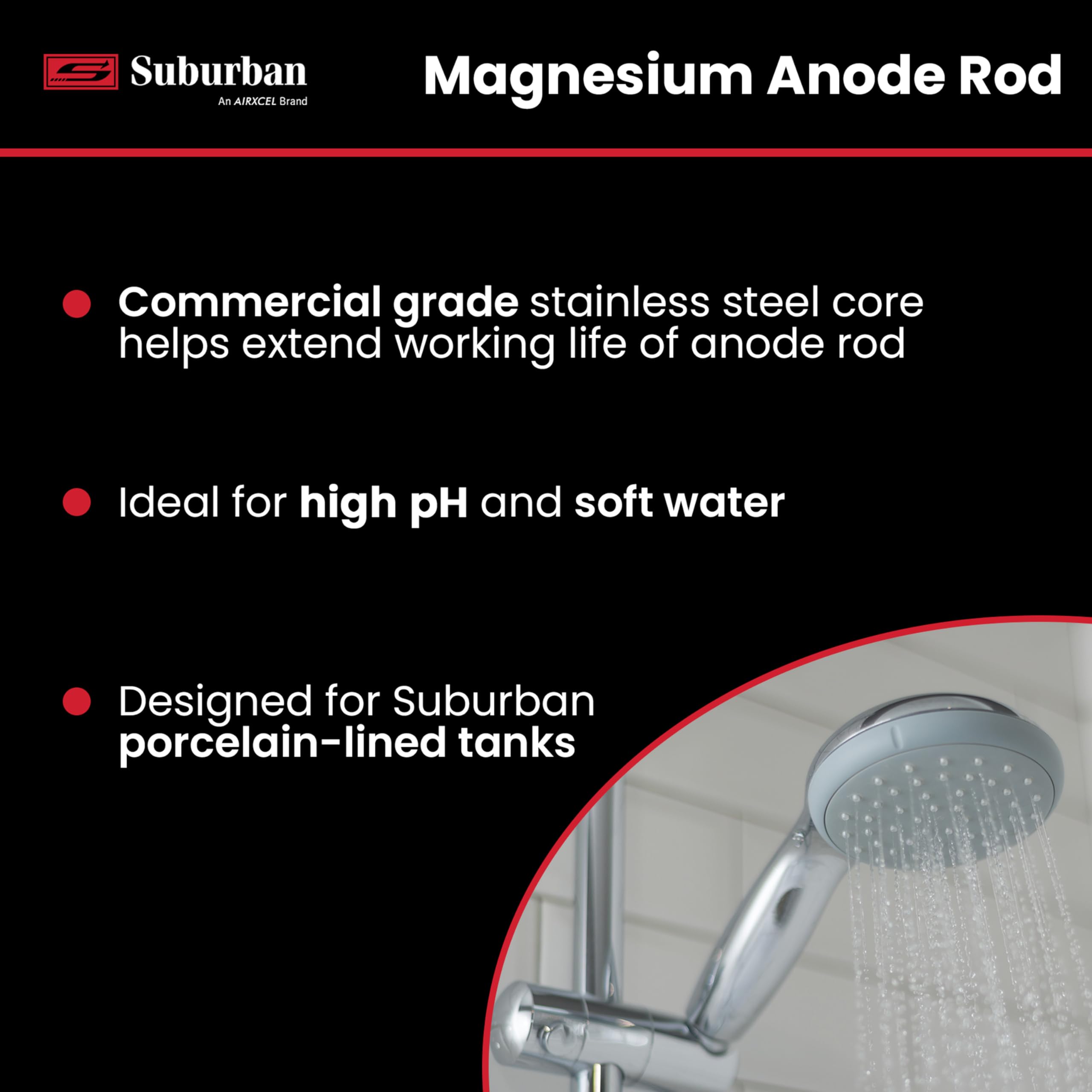 Suburban anode rod beside tape measure showing correct length and fit benefit