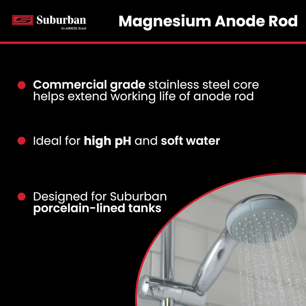 Suburban anode rod beside tape measure showing correct length and fit benefit
