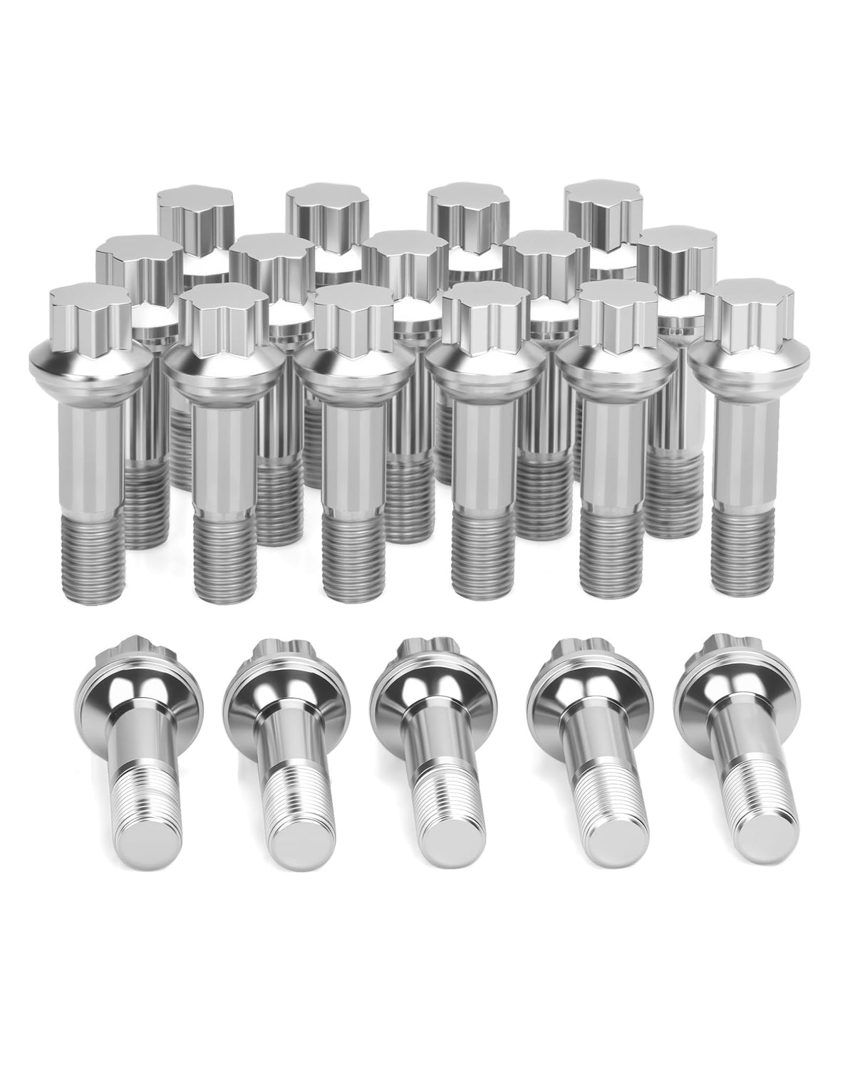 SUCOSO front view of 20 lug bolts showing chrome finish and packaging, ensures correct OEM replacement