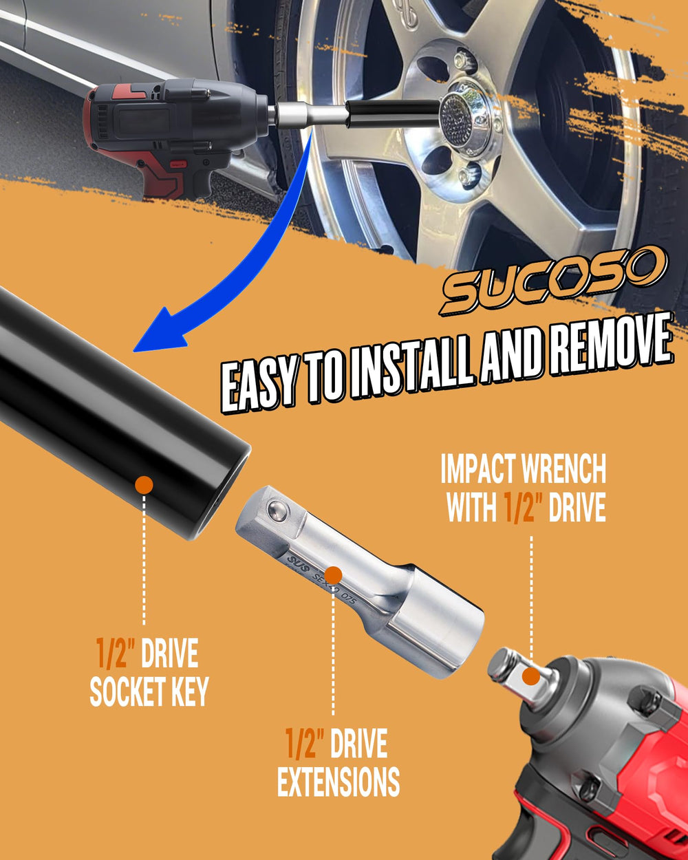 SUCOSO extension used with impact wrench reaching recessed lug nuts, fast operation