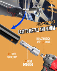 SUCOSO extension used with impact wrench reaching recessed lug nuts, fast operation