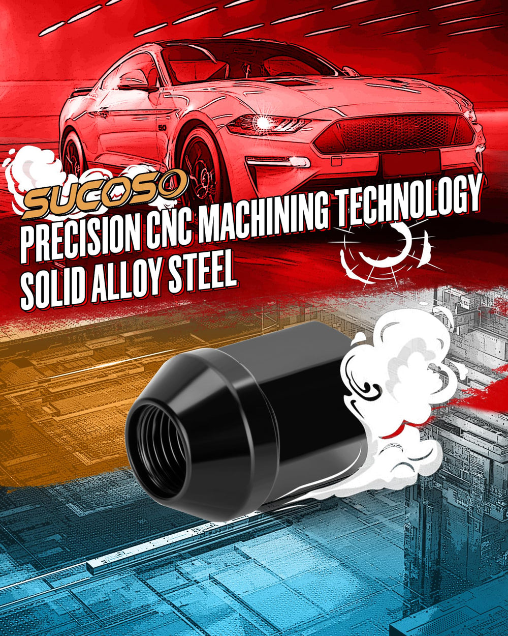 SUCOSO lug nut installed on alloy wheel illustrating secure mounting and clean look