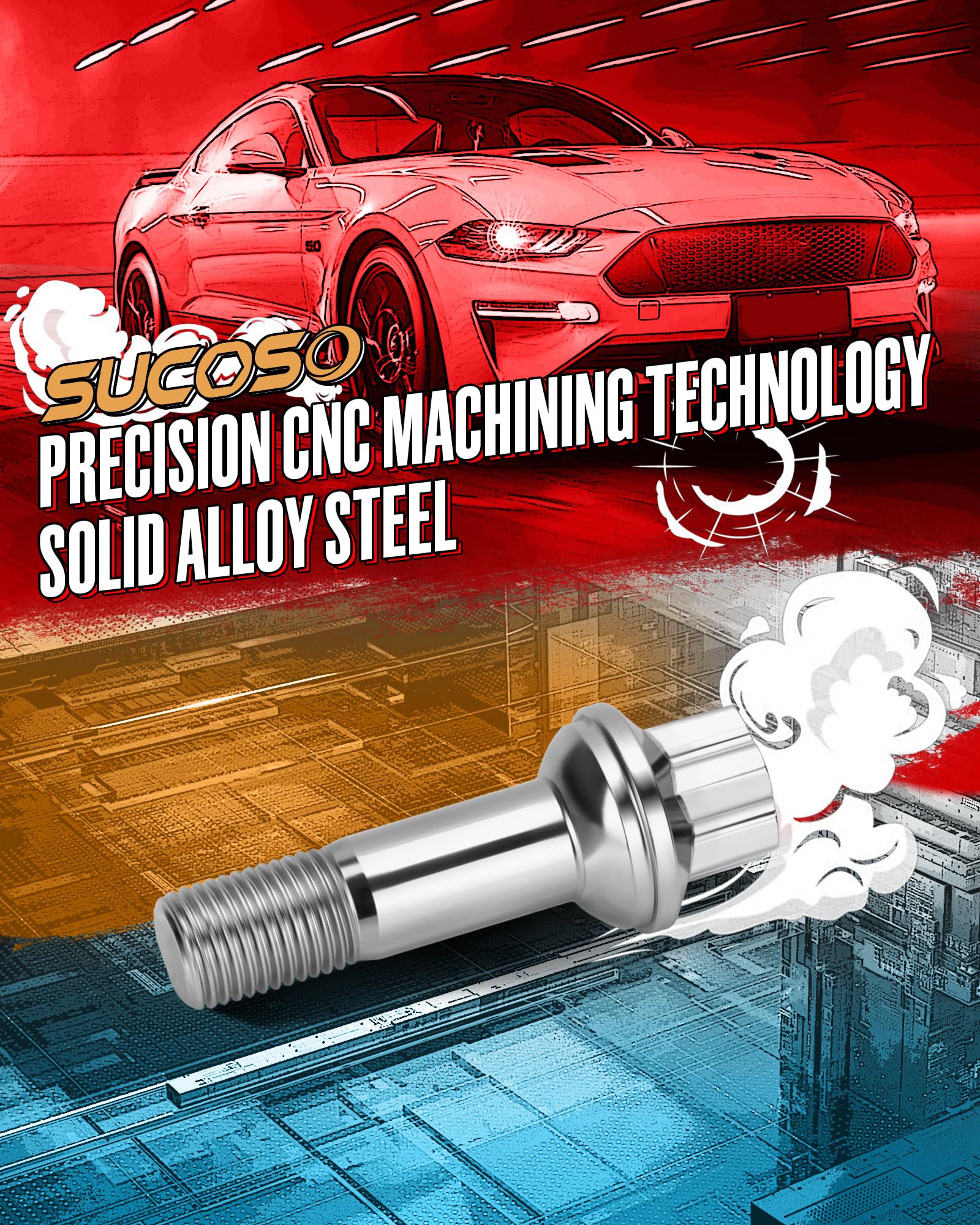 SUCOSO lug bolts arranged in a garage setting conveying professional-grade replacement parts