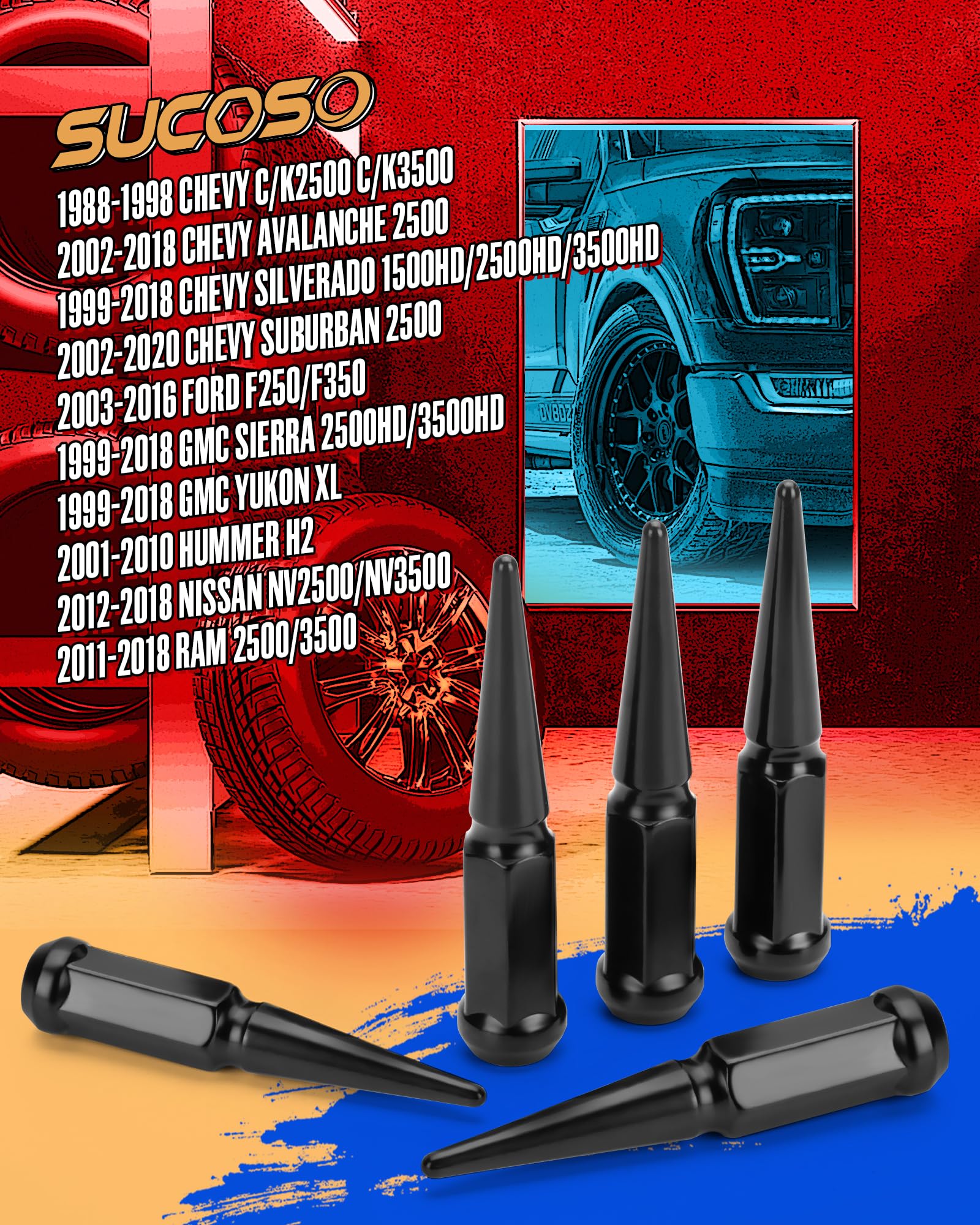 SUCOSO side profile of spike lug nut showing length and aggressive styling benefit