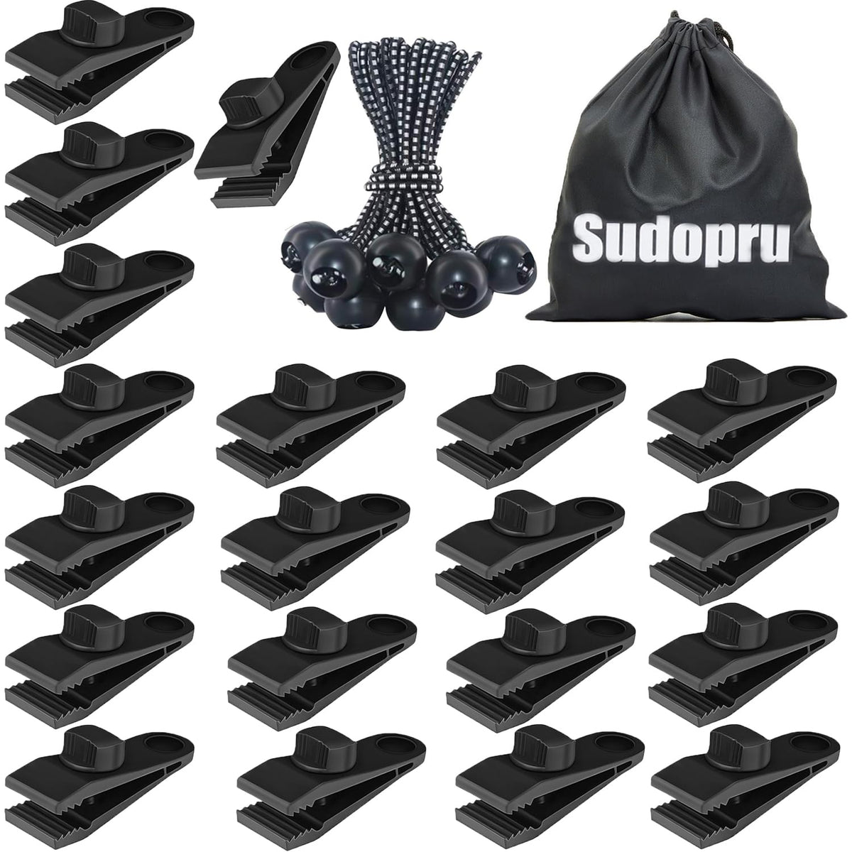 Sudopru front packaging showing 40-piece tarp clip and bungee kit for quick organization