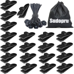 Sudopru front packaging showing 40-piece tarp clip and bungee kit for quick organization