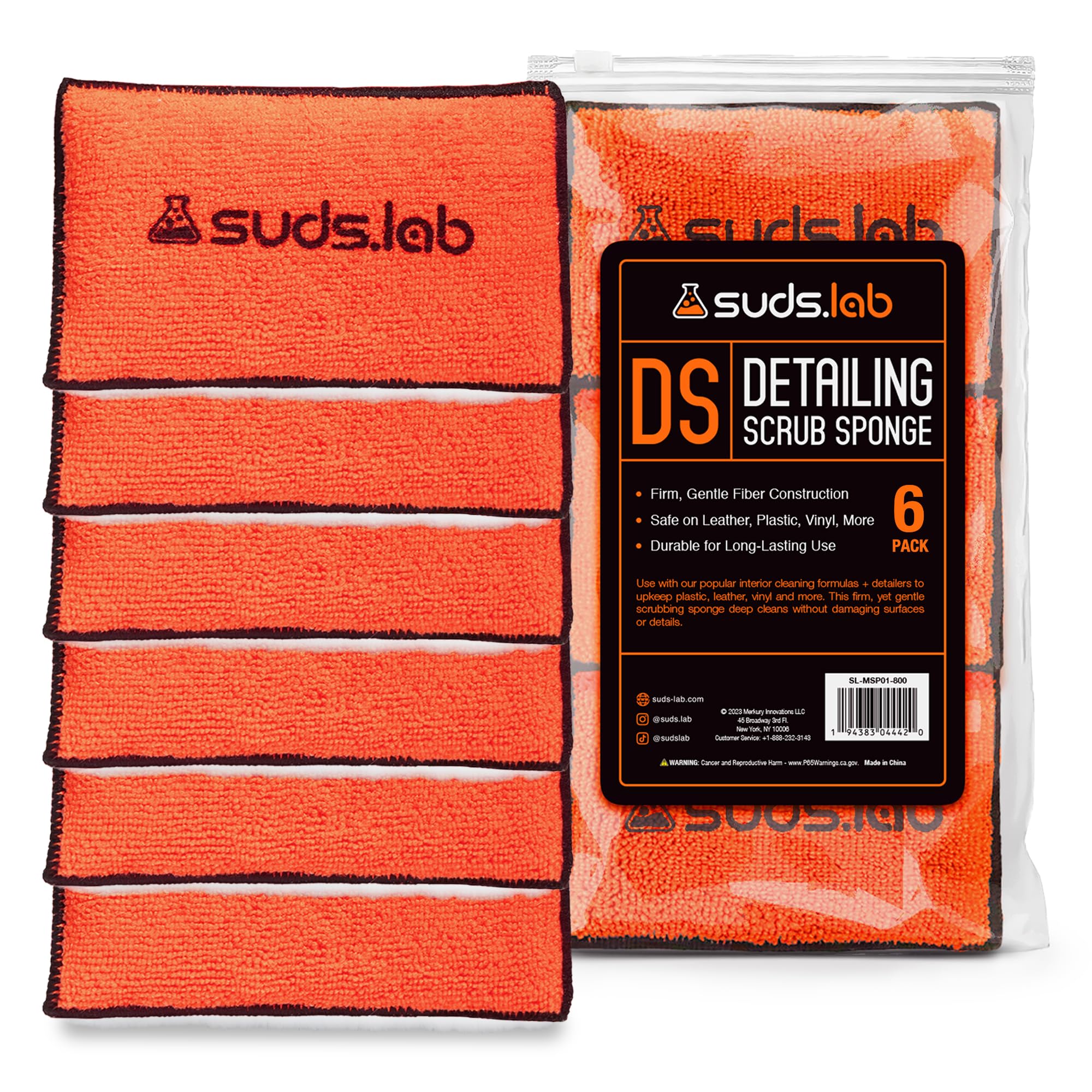 suds.lab front packaging showing six orange detailing sponges for quick identification and convenience