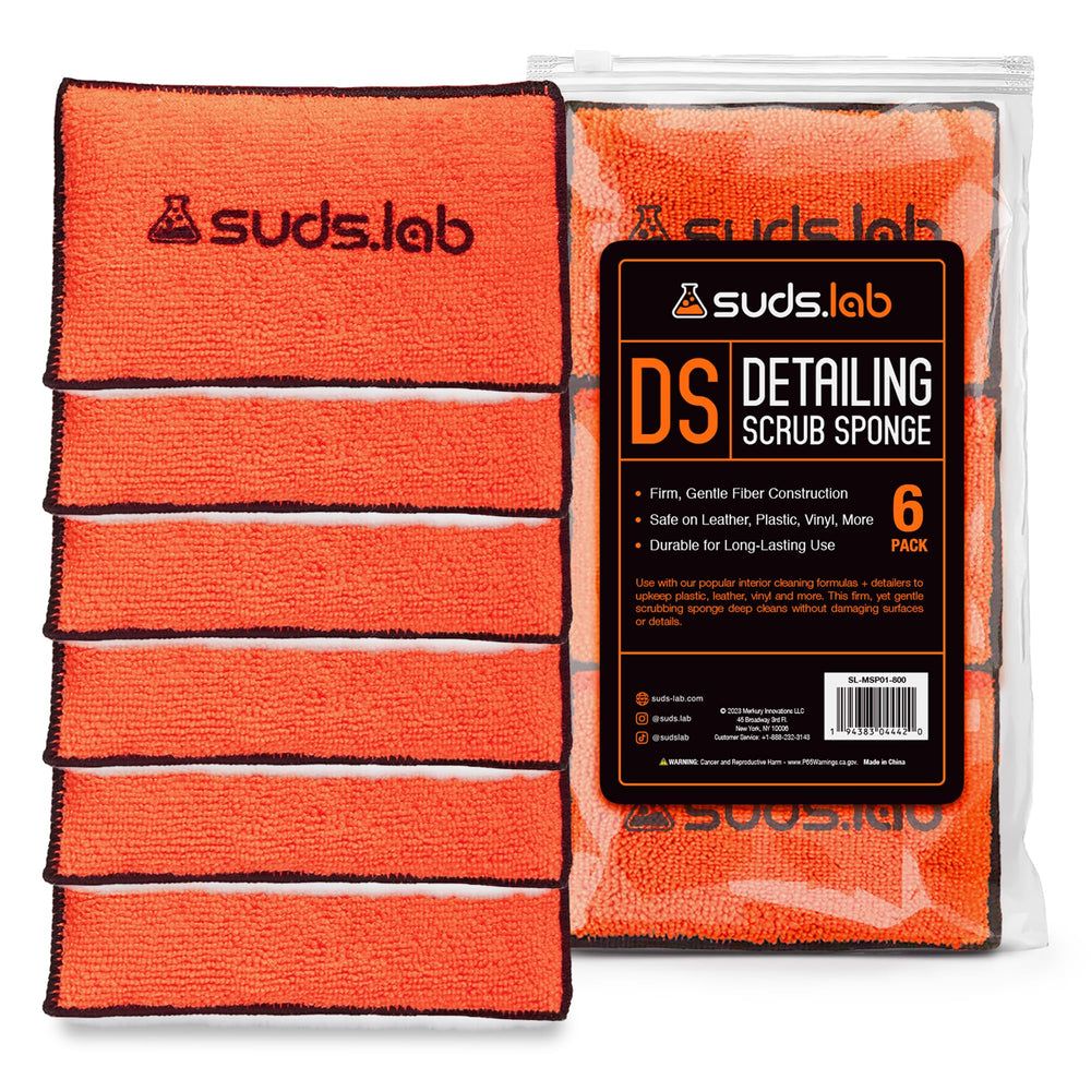 suds.lab front packaging showing six orange detailing sponges for quick identification and convenience