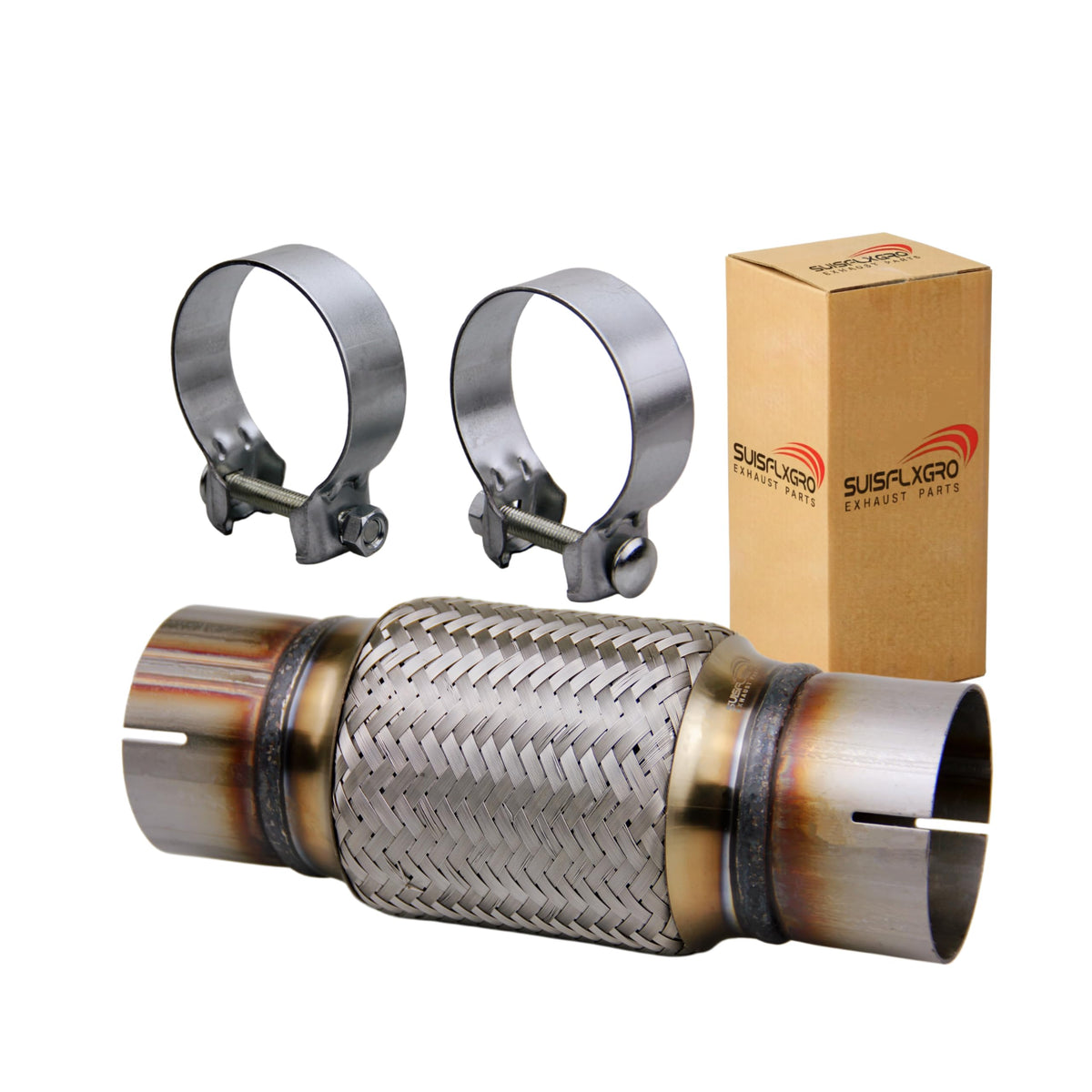 SUISFLXGRO front packaging showing pipe and included clamps for quick fit