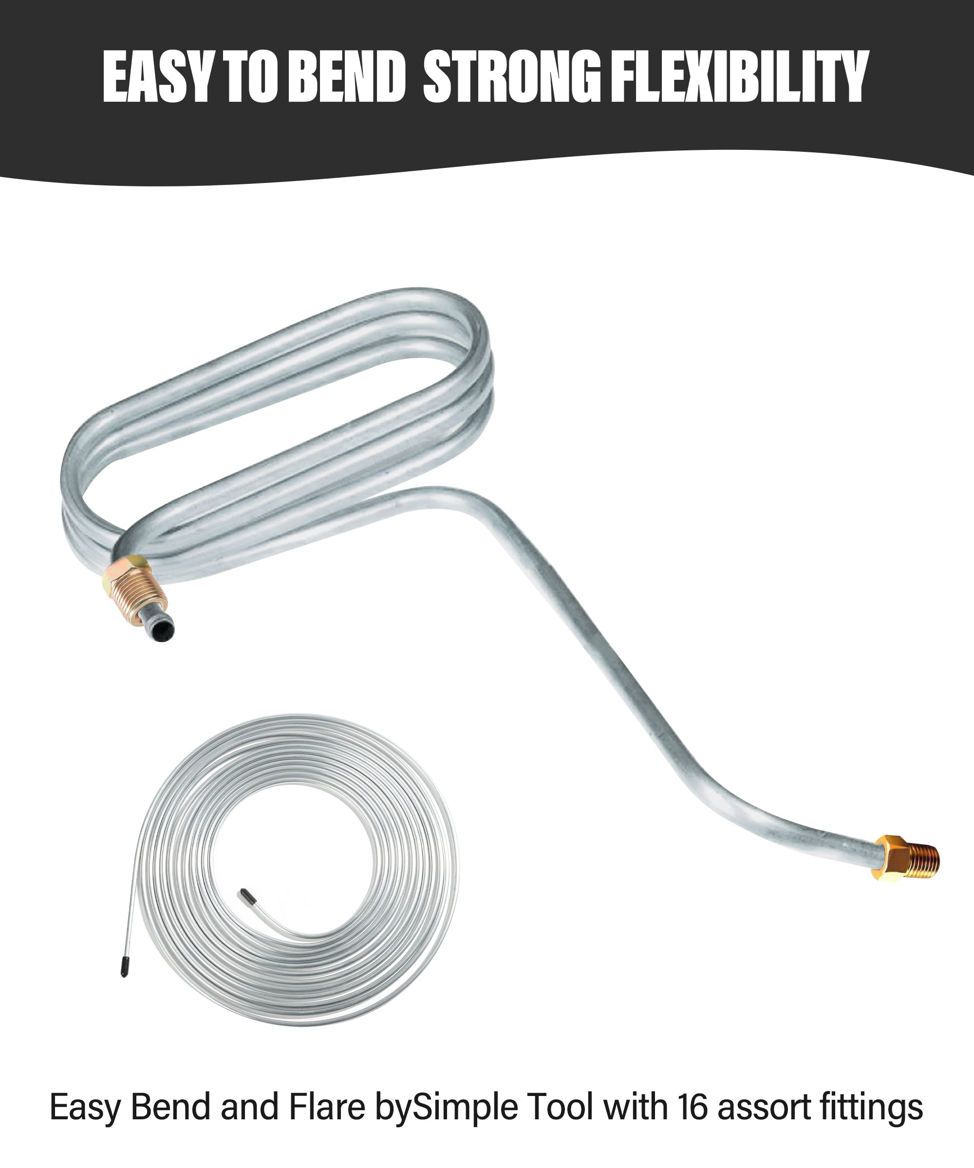 SUJADE YAKEFLY inverted-flare fittings arranged, illustrates included hardware convenience
