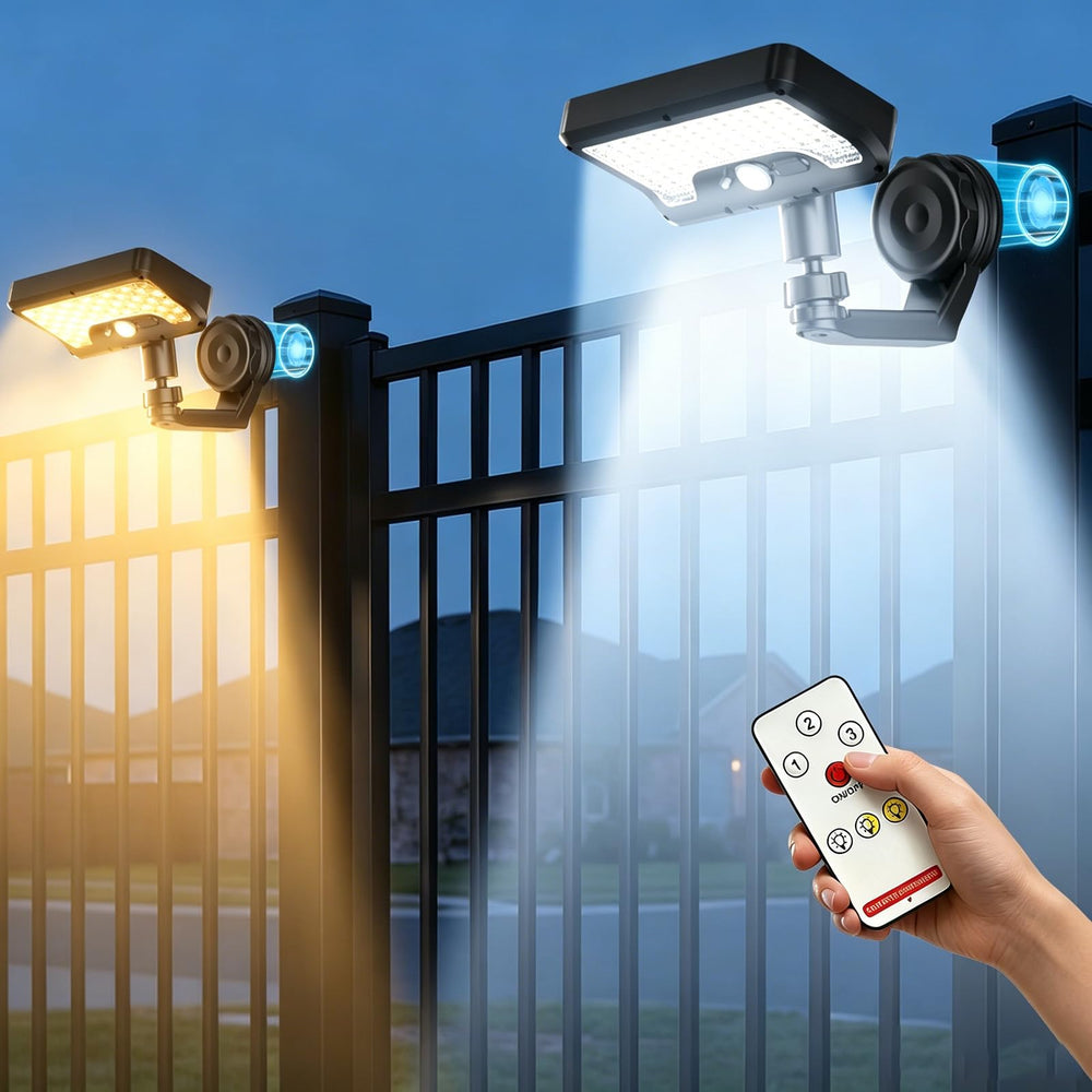 Sumaote front view of two compact solar lights showing neat profile and instant placement benefit