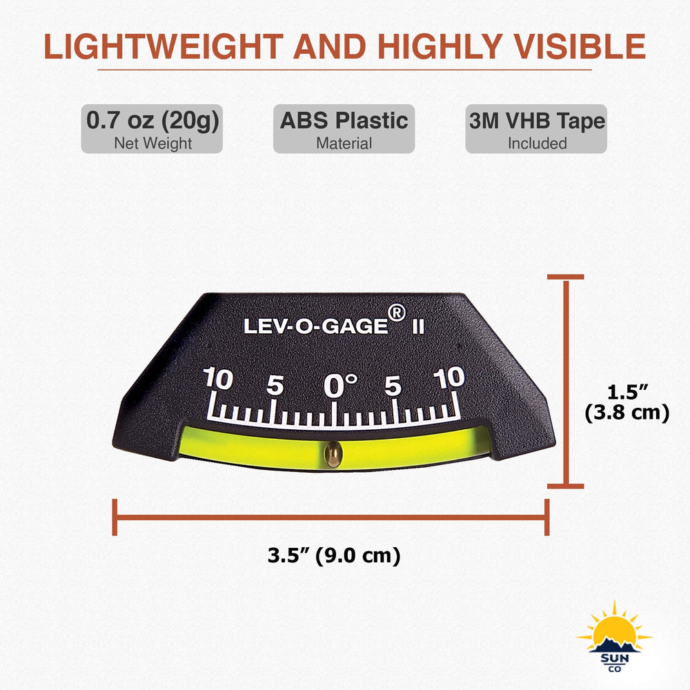 Sun Company lev-o-gage II in campsite scene helping fast, accurate setup of a camper