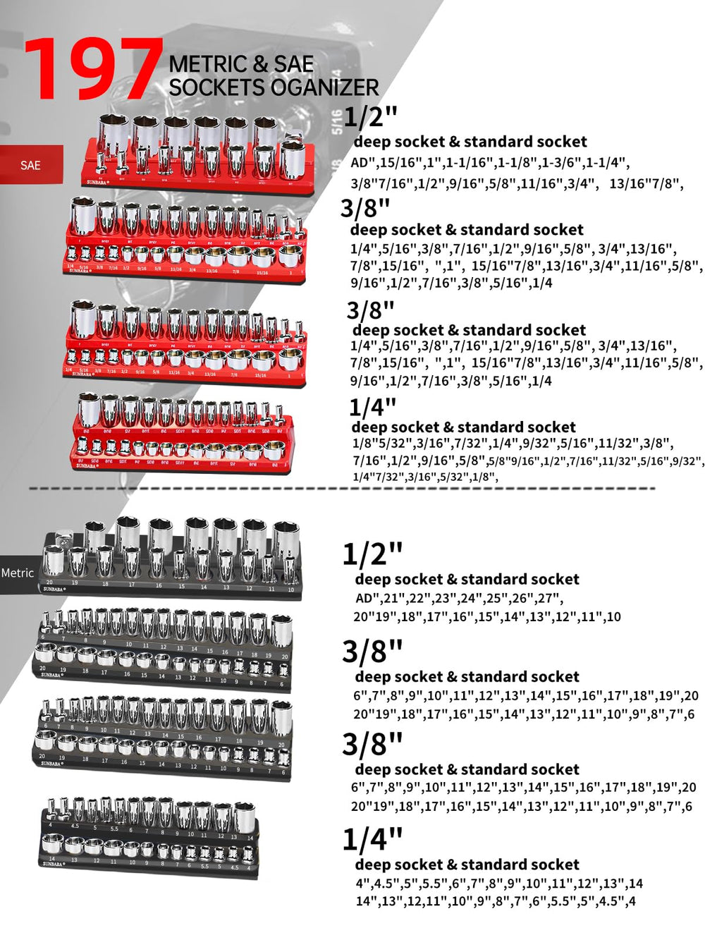 SUNBABA organizer beside standard sockets to show scale and fit