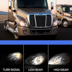 Sunhua headlights installed on Freightliner Cascadia improving nighttime visibility