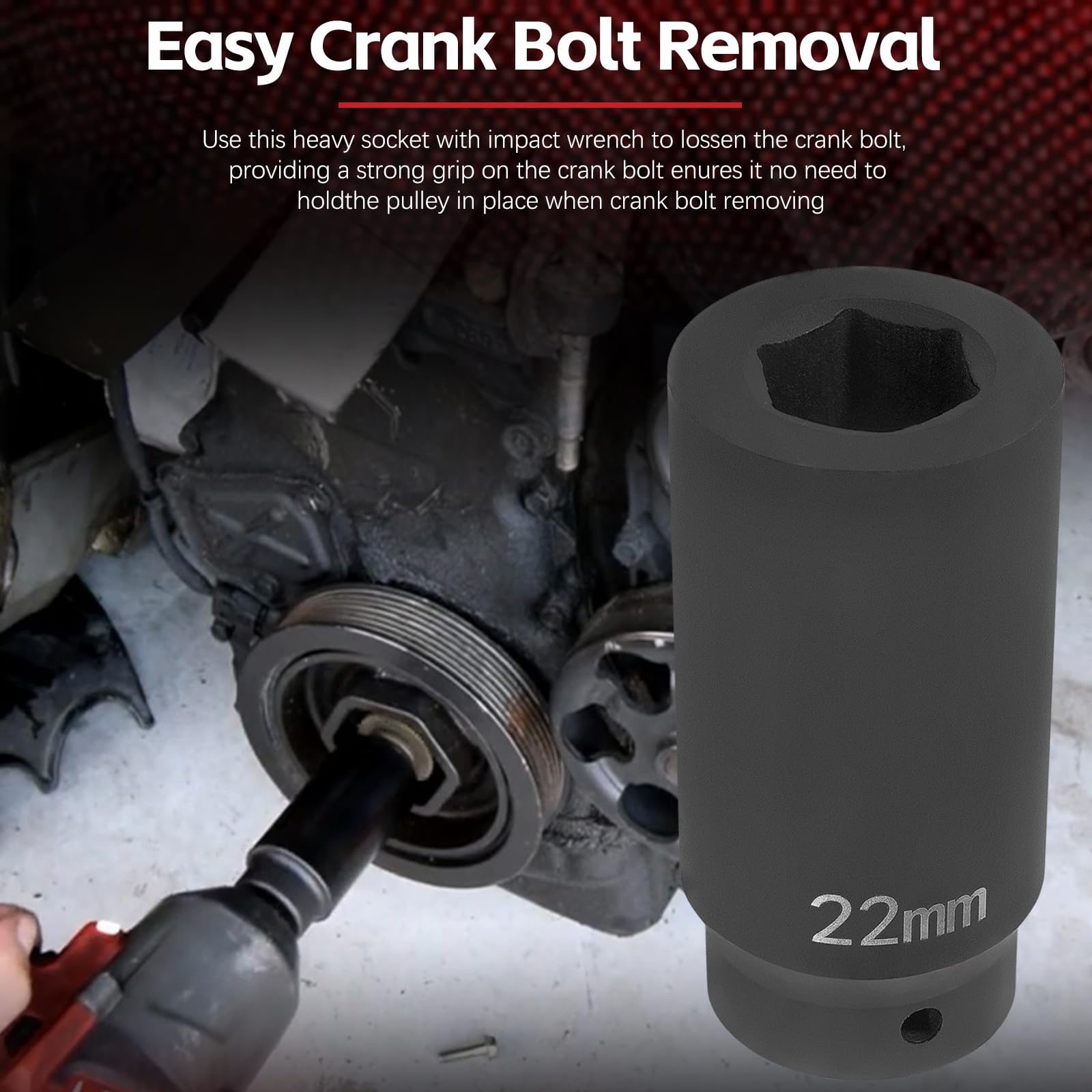 Sunluway socket installed on engine pulley illustrating practical use on automotive crank bolts