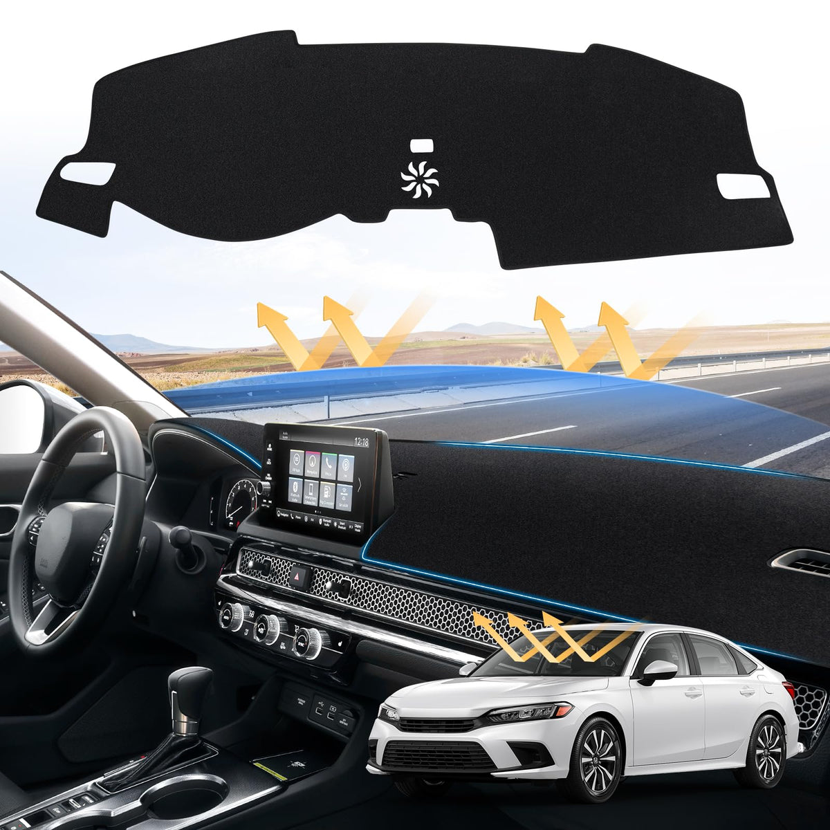 Sunsdrew front overview of dash cover showing full fitted protection and improved aesthetics