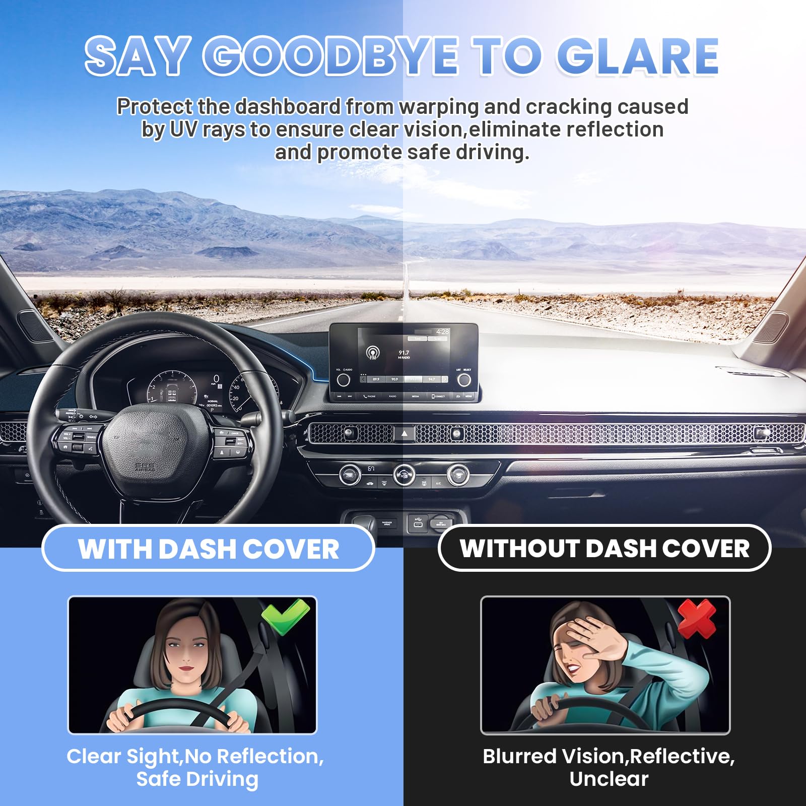 Sunsdrew installed on Civic driver view improving visibility and reducing windshield reflection
