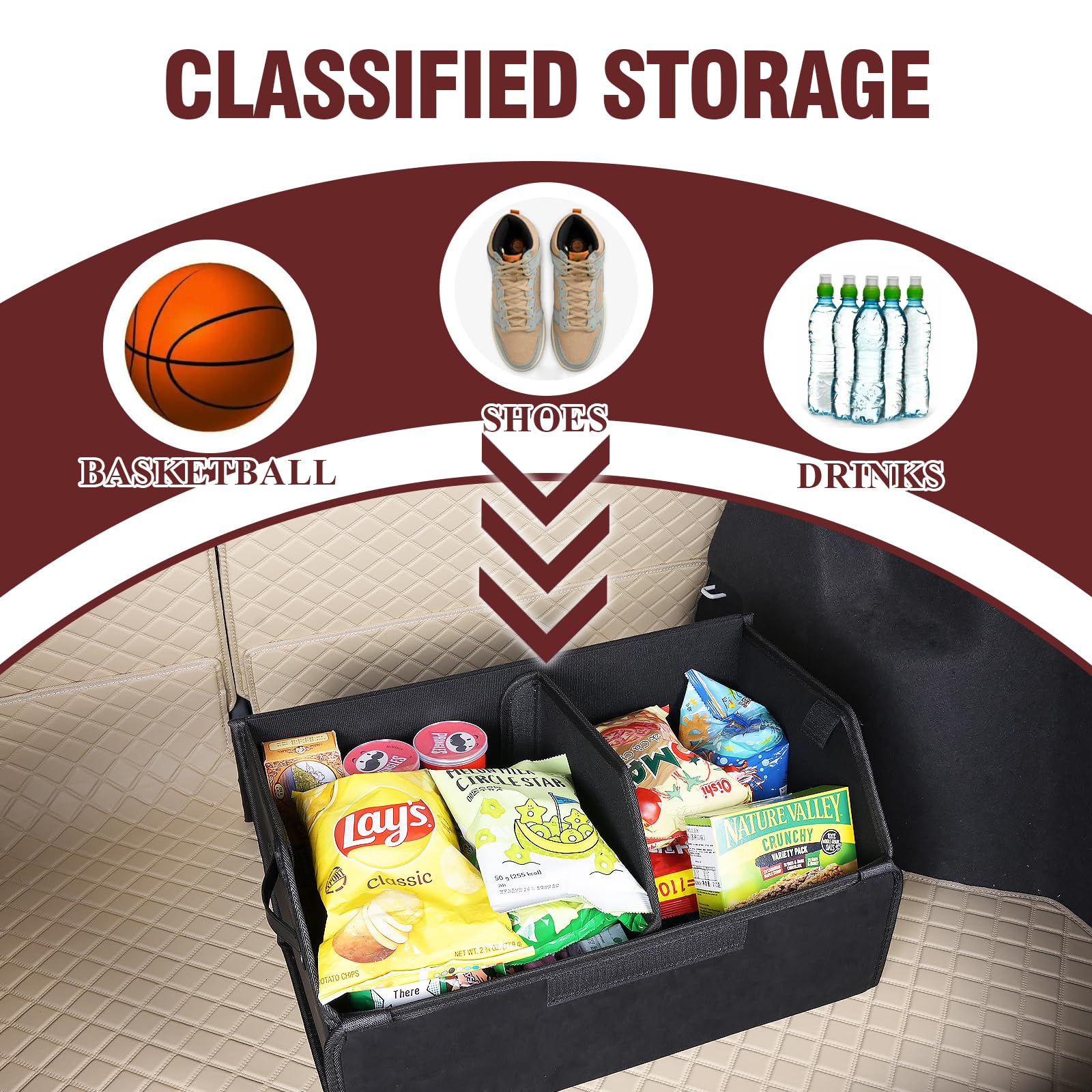 sunshine sky placed in SUV trunk with groceries for organized transport