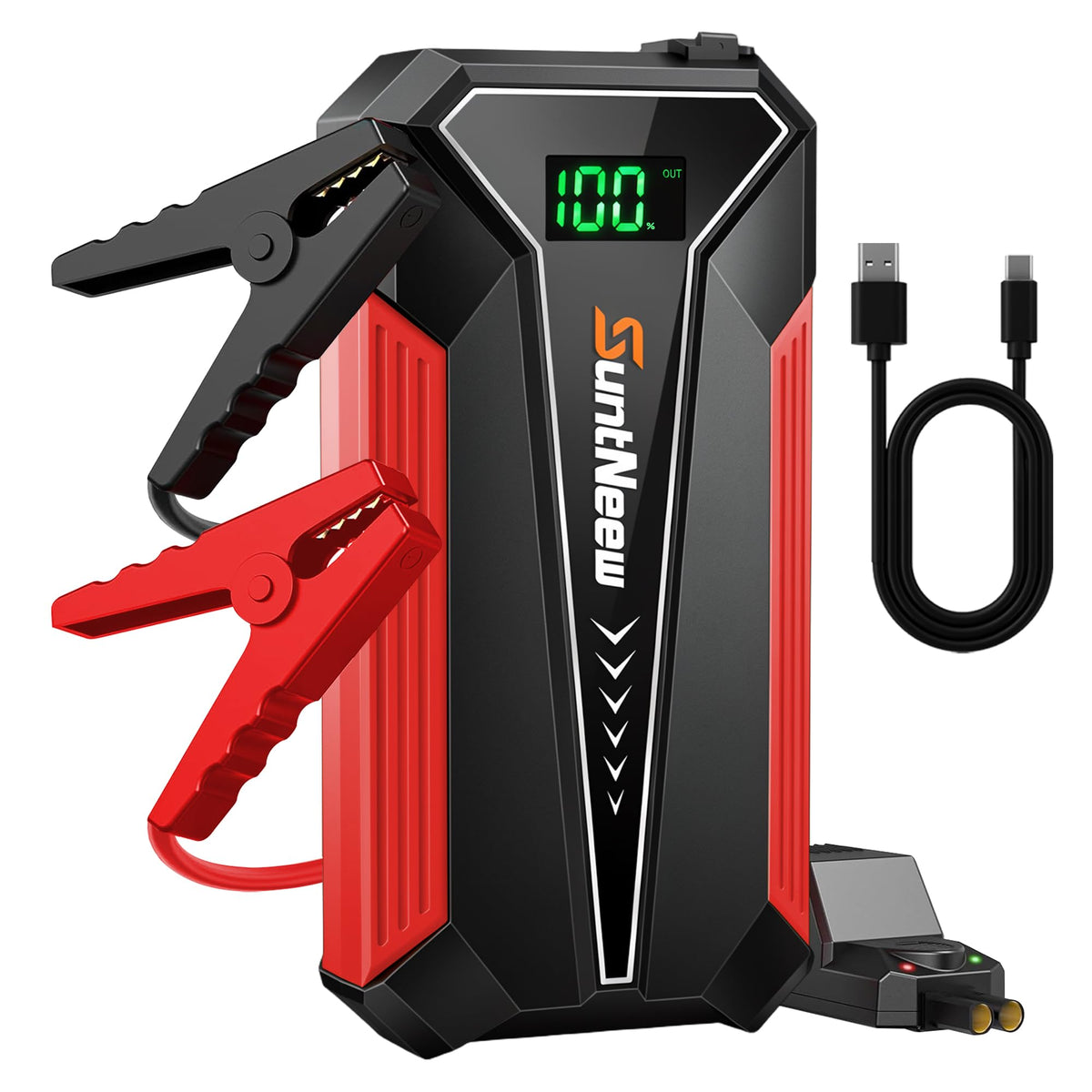 SuntNeew front view of jump starter showing compact design and quick starts