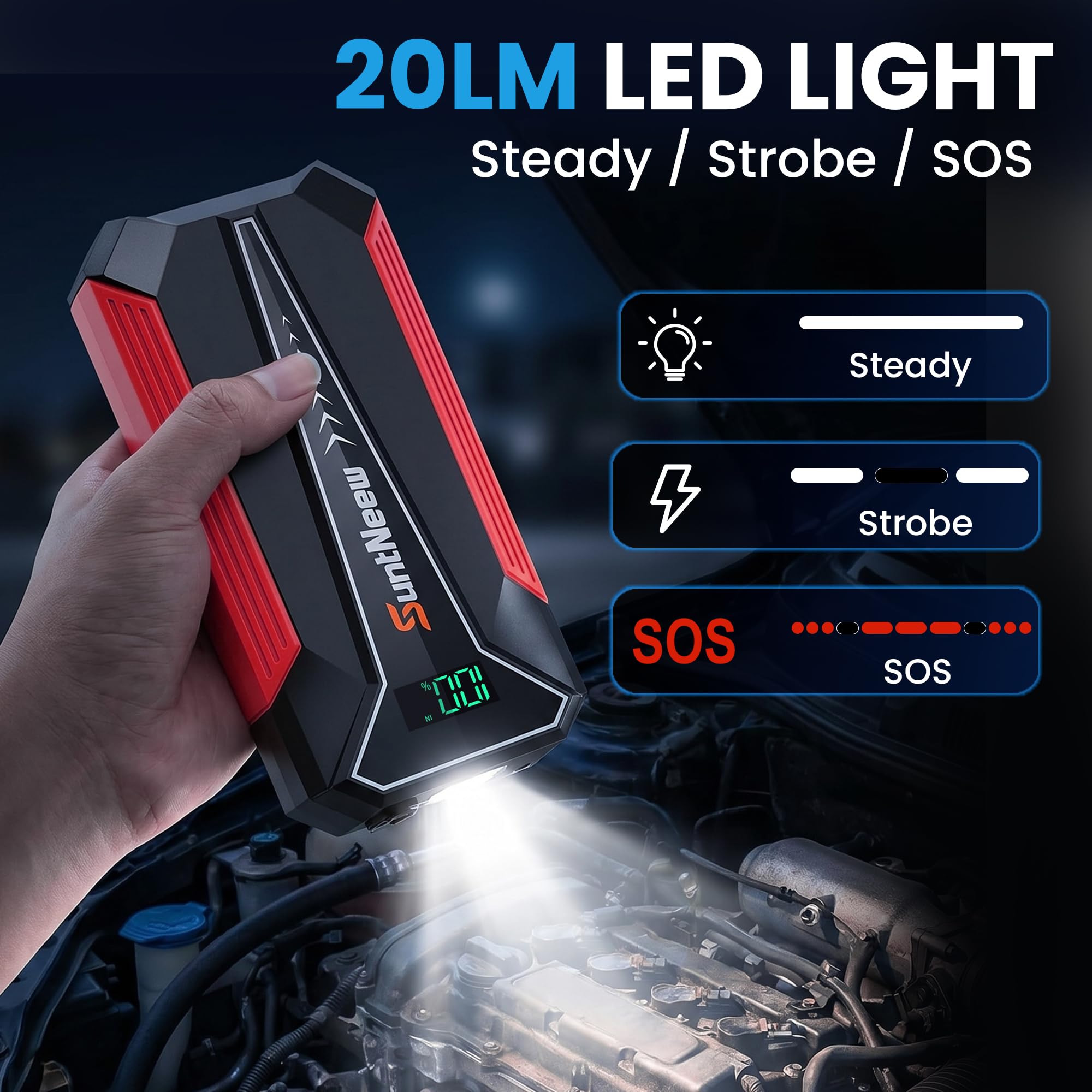 SuntNeew held in hand demonstrating palm-sized 350g portability