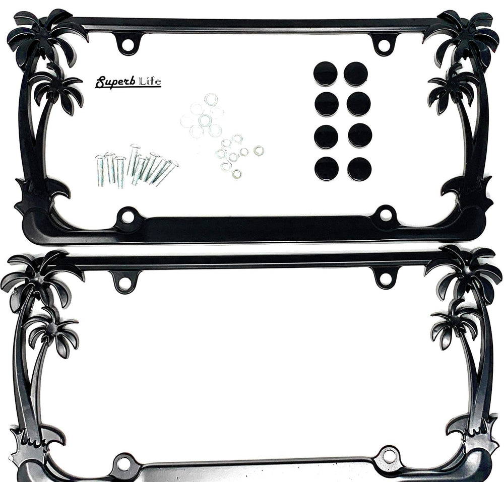 Superb lnf front view palm tree license frame showing bold tropical design and clean chrome finish