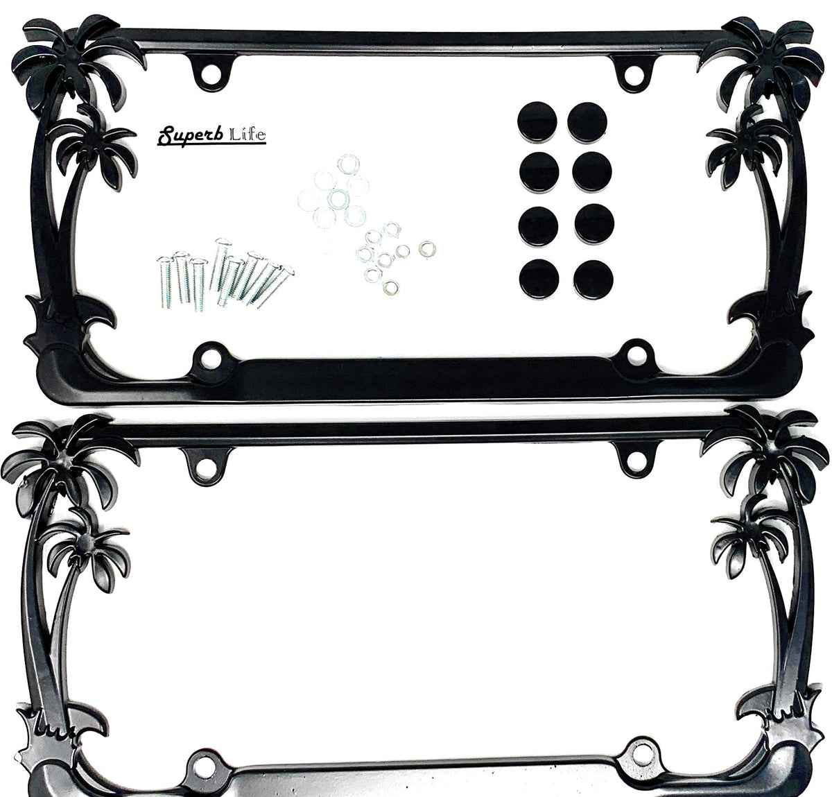Superb lnf front view palm tree license frame showing bold tropical design and clean chrome finish