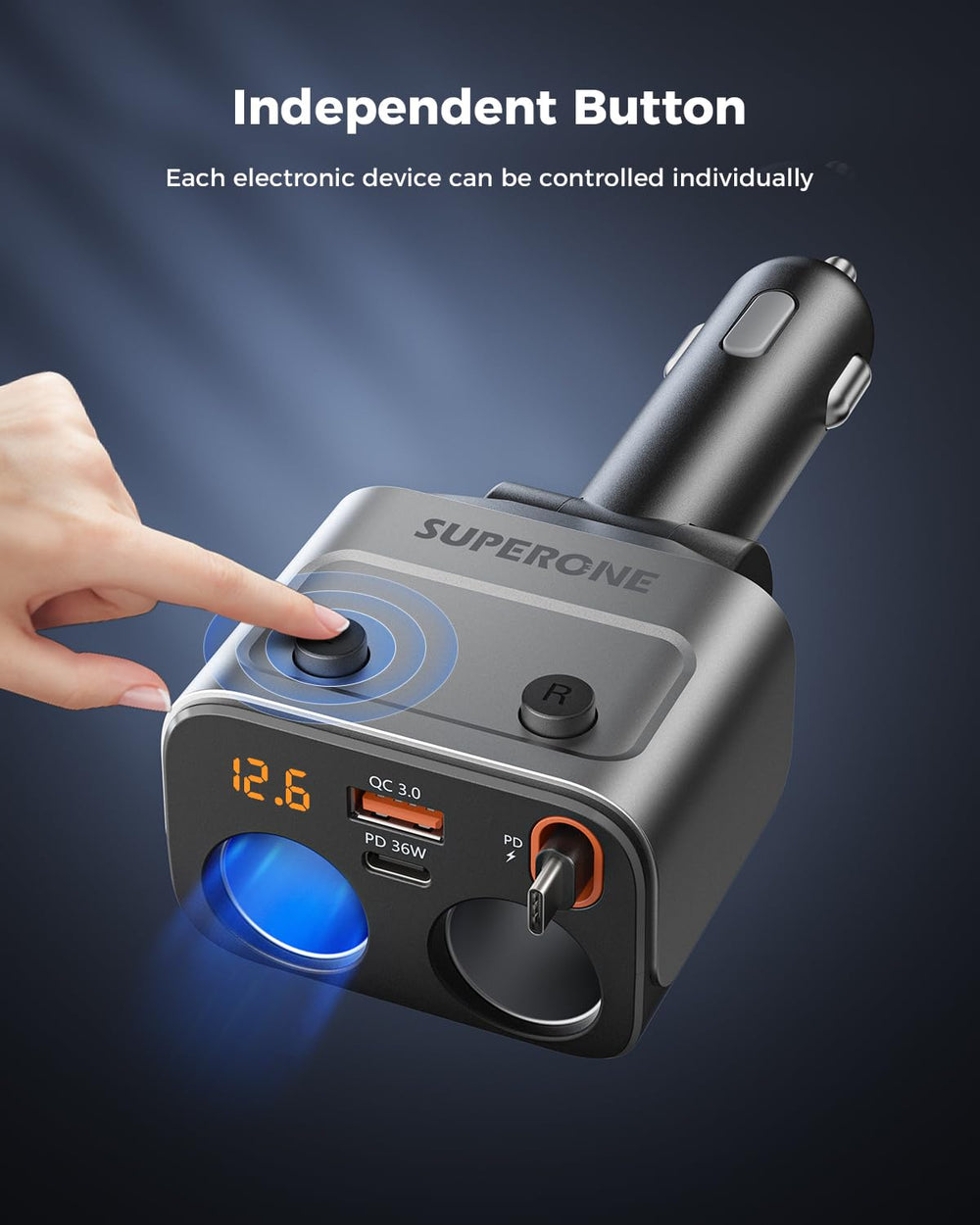 SUPERONE dual cigarette lighter sockets detail enabling multiple high power devices