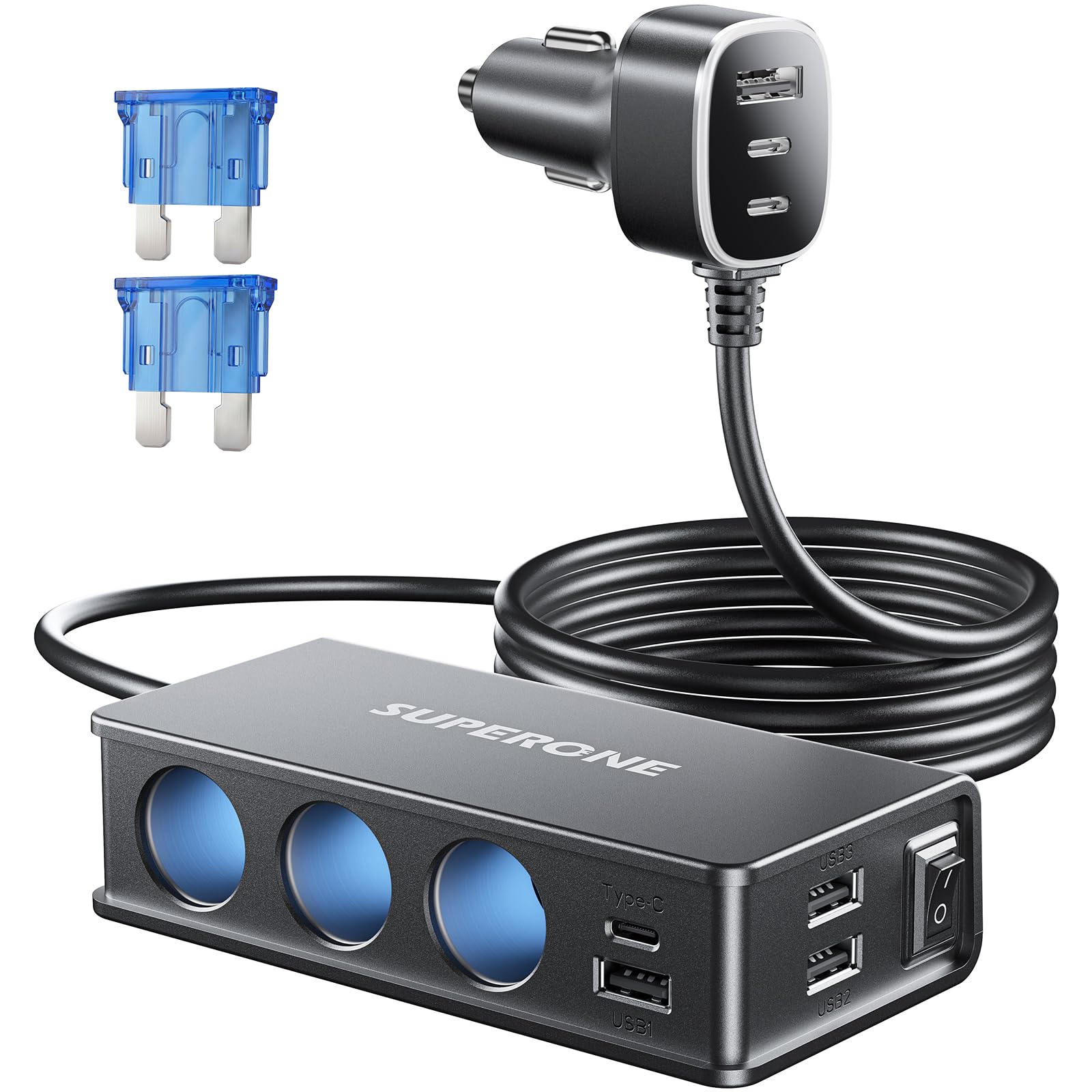 SUPERONE front view showing three sockets and seven USB ports for versatile charging