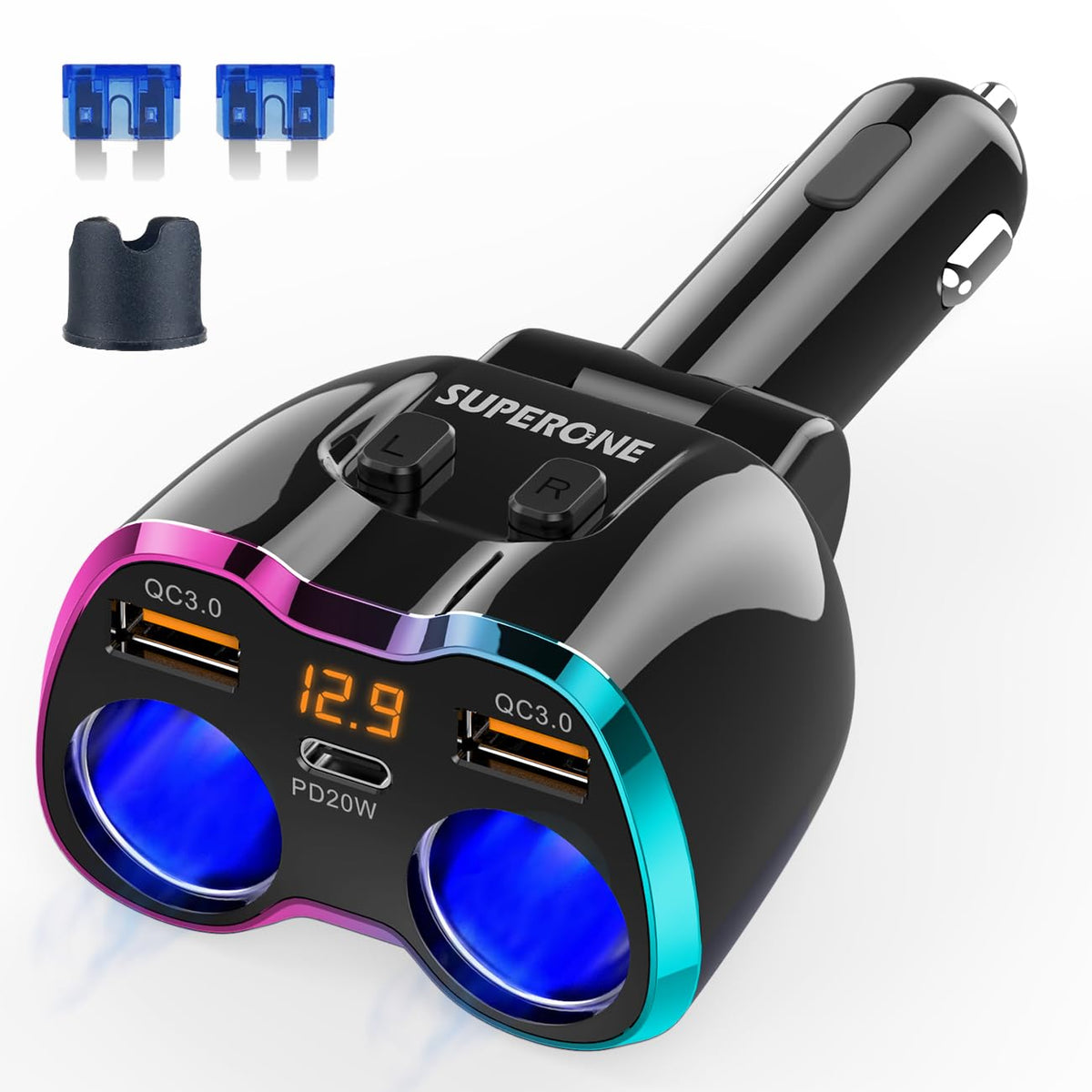 SUPERONE front view showing dual lighter sockets and USB ports for versatile power