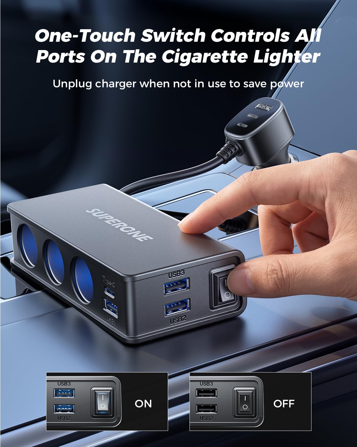 SUPERONE installed in a car console powering multiple devices during travel benefit