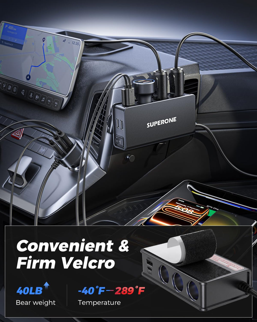 SUPERONE replaceable fuses detail showing built-in protection and easy maintenance benefit