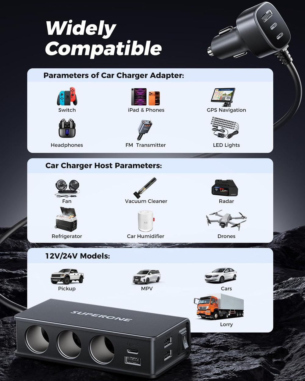 SUPERONE powering a car refrigerator demonstrating heavy-duty accessory support benefit