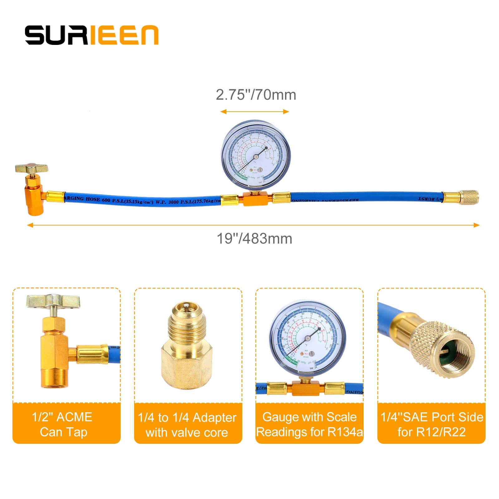 SURIEEN closeup of 2.75-inch gauge face with R134a/R12/R22 scales for clear readings