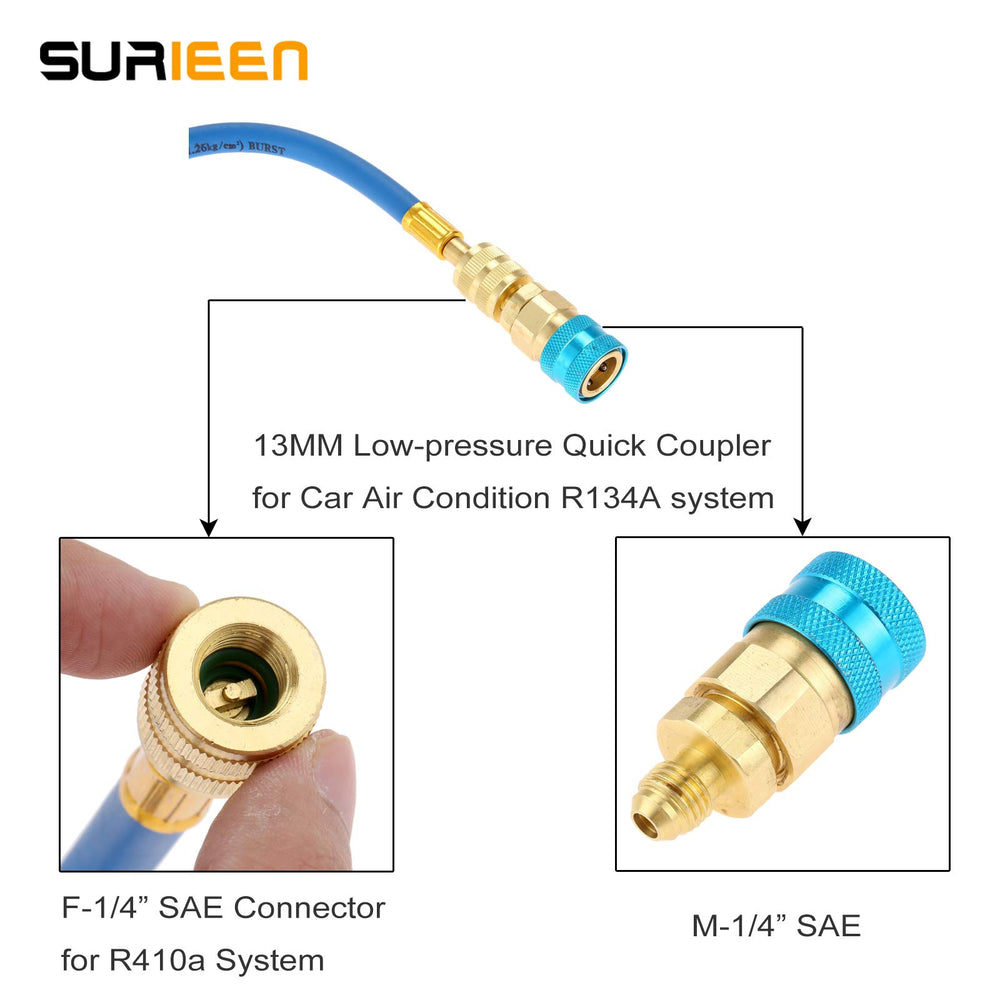 SURIEEN injector attached to car A/C low-side port demonstrating easy field use