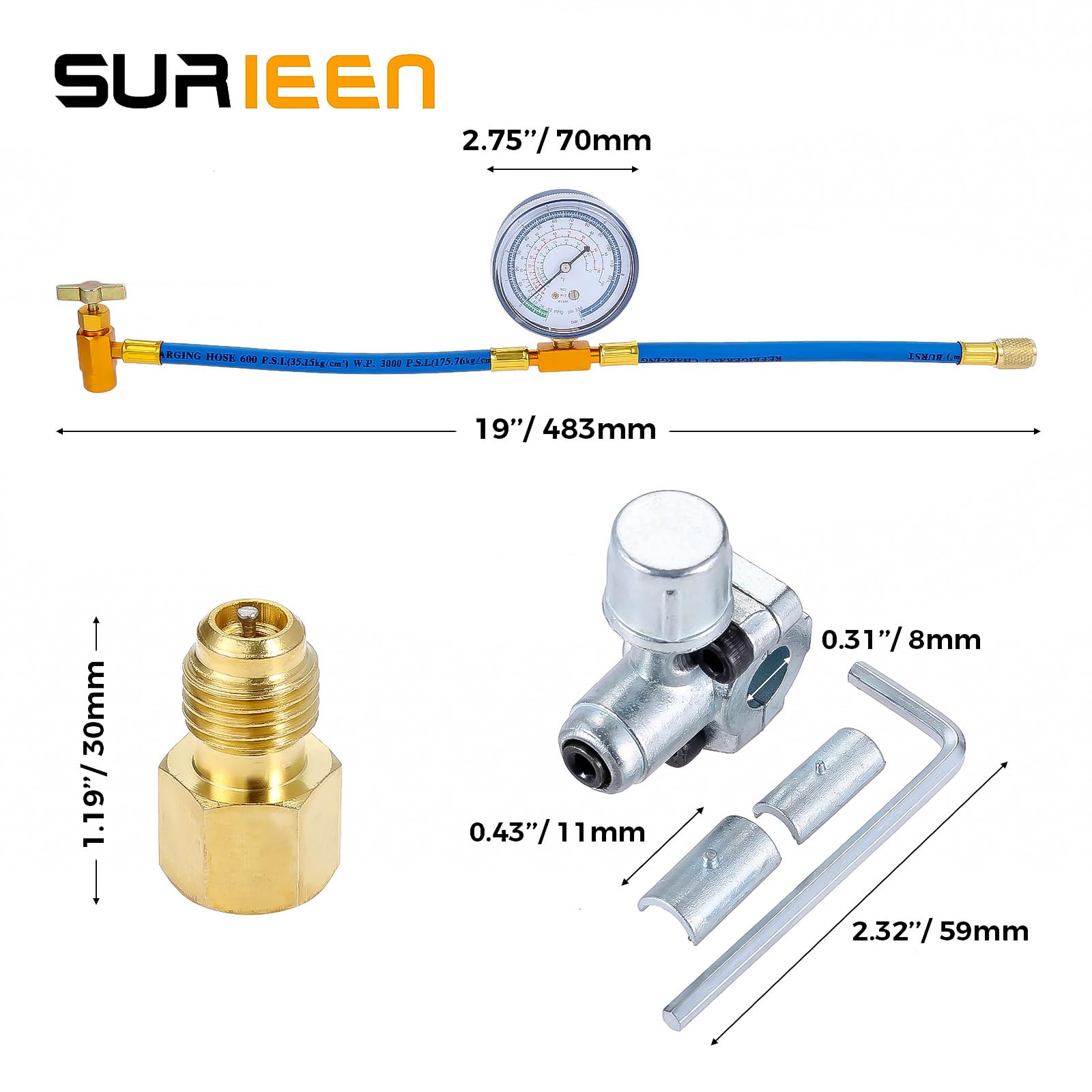 SURIEEN technician using kit on car AC system for fast charging and diagnostics