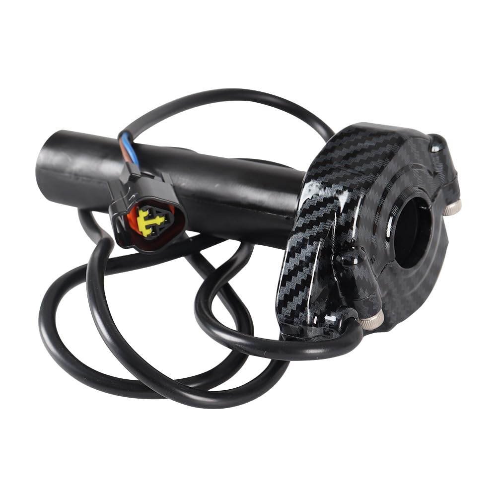 Surron throttle handle front view showing carbon-fiber look and improved control
