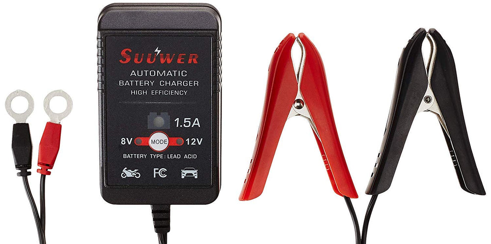 Suuwer charger connected to a motorcycle battery demonstrating safe maintenance use