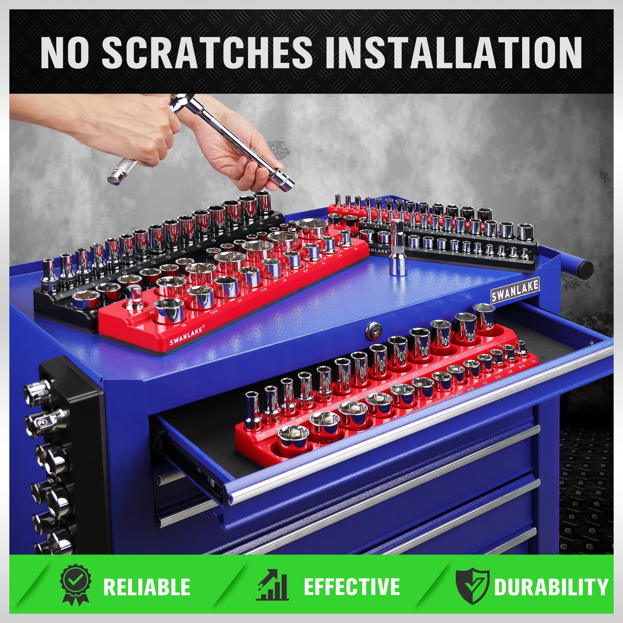 SWANLAKE GARDEN TOOLS loaded trays with sockets secured by magnets for safe transport