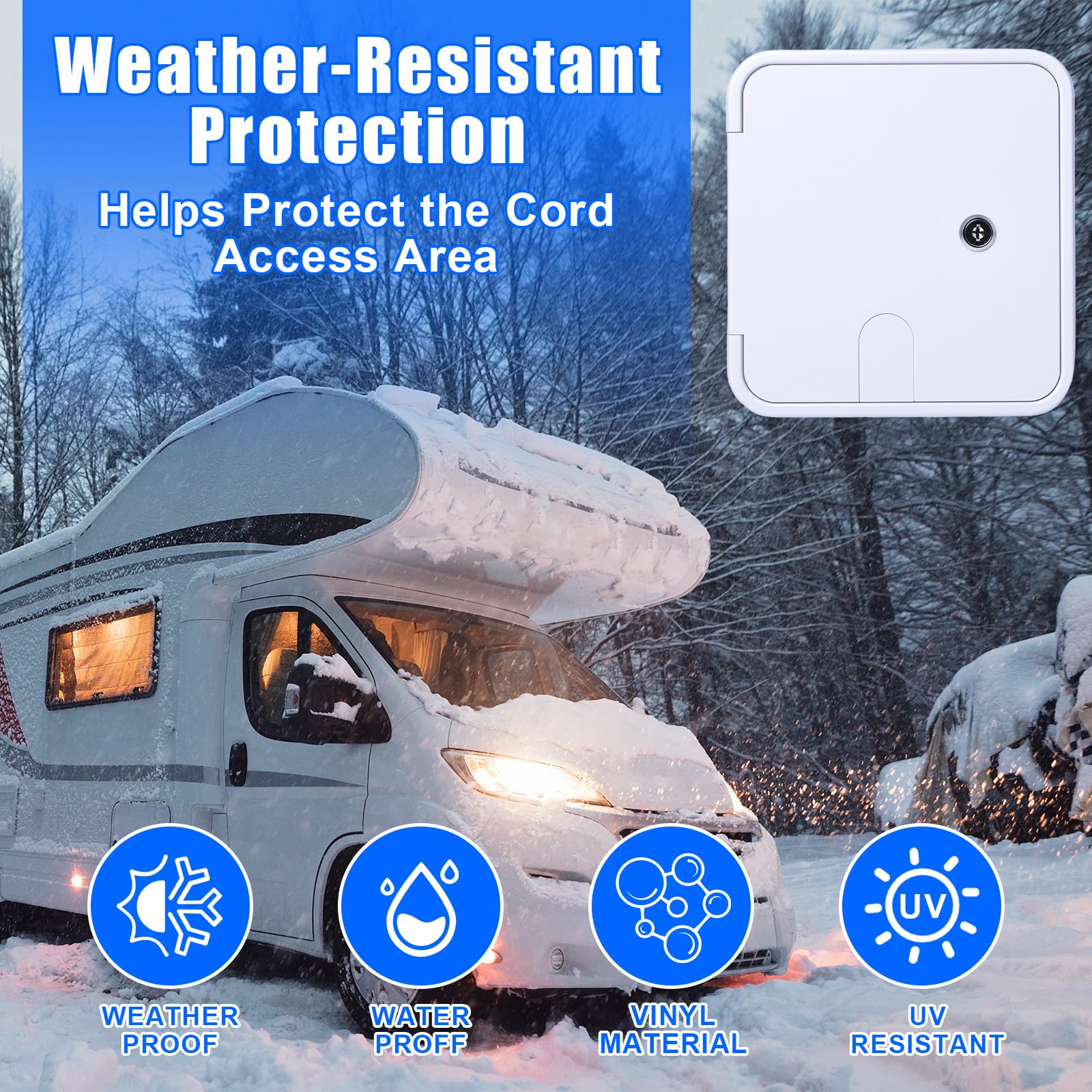 Swess hatch on camper in campsite setting enhancing exterior organization