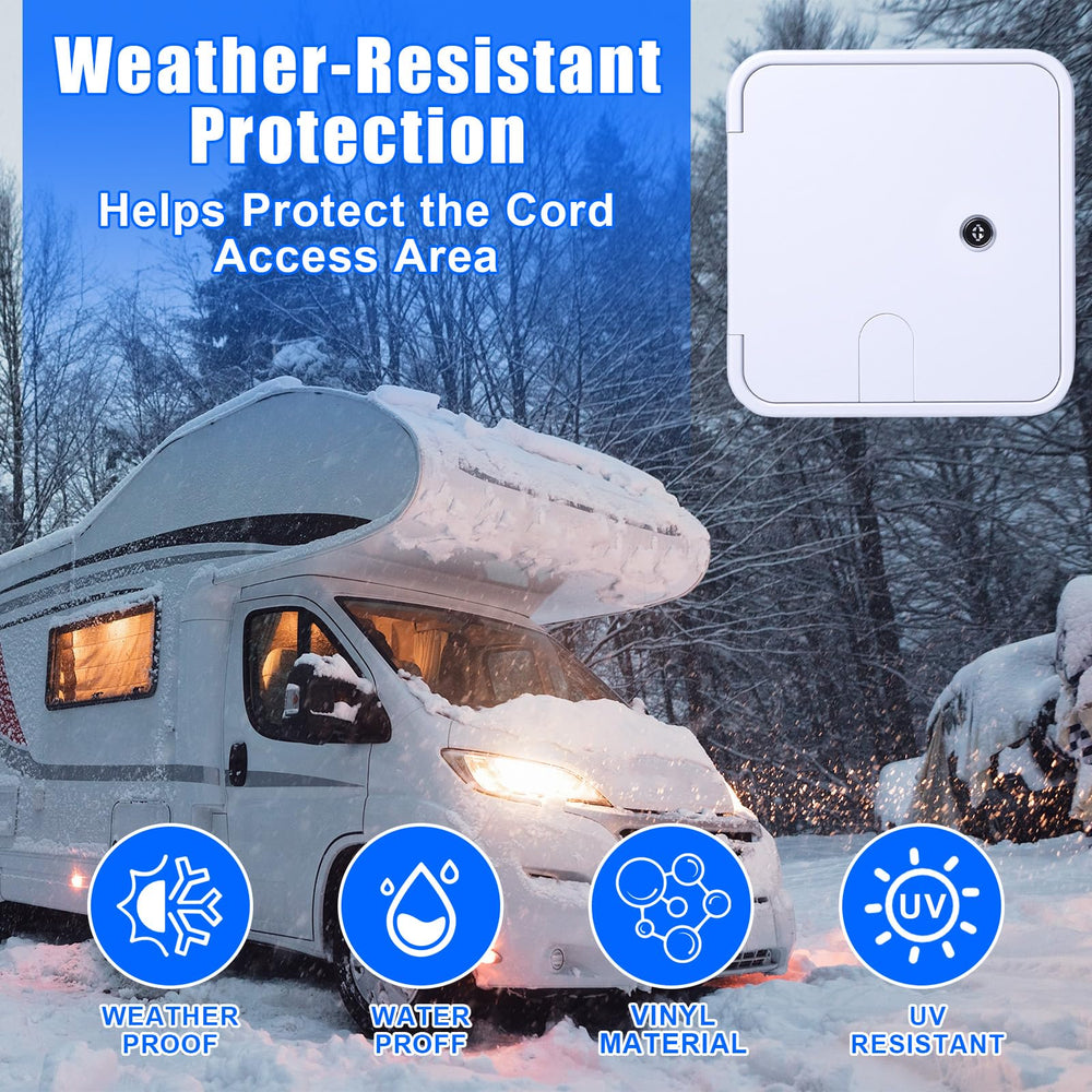 Swess hatch on camper in campsite setting enhancing exterior organization