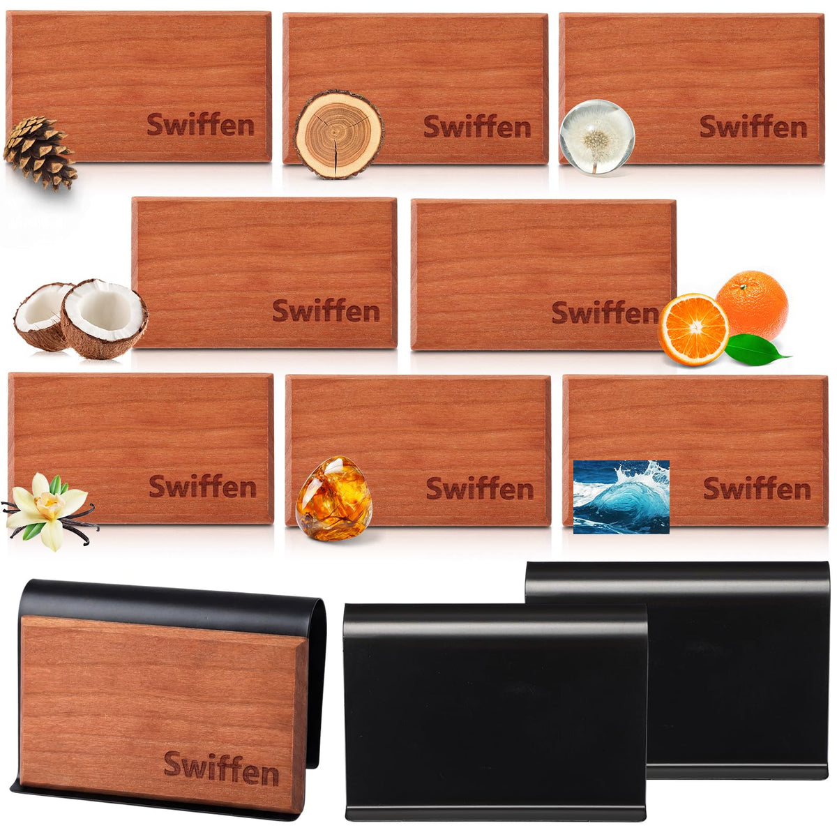 Swiffen front packaging showing eight discs and two visor clips, clear set benefits