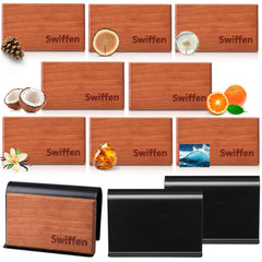 Swiffen front packaging showing eight discs and two visor clips, clear set benefits