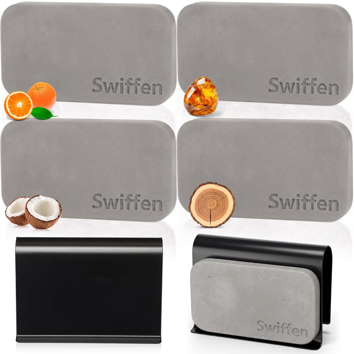 Swiffen front packaging showing four stone refills and clip, convenient refill kit