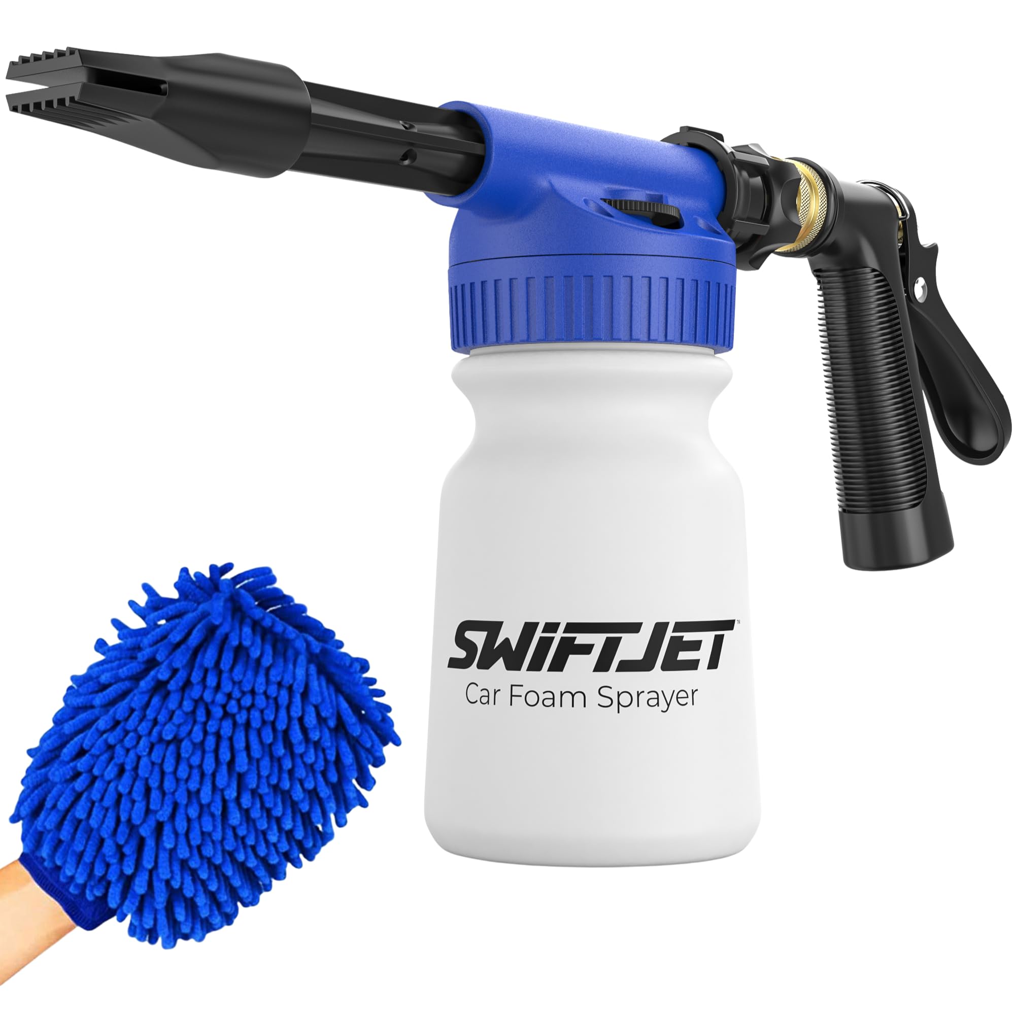 SwiftJet foam gun front view showing controls and quick setup benefit