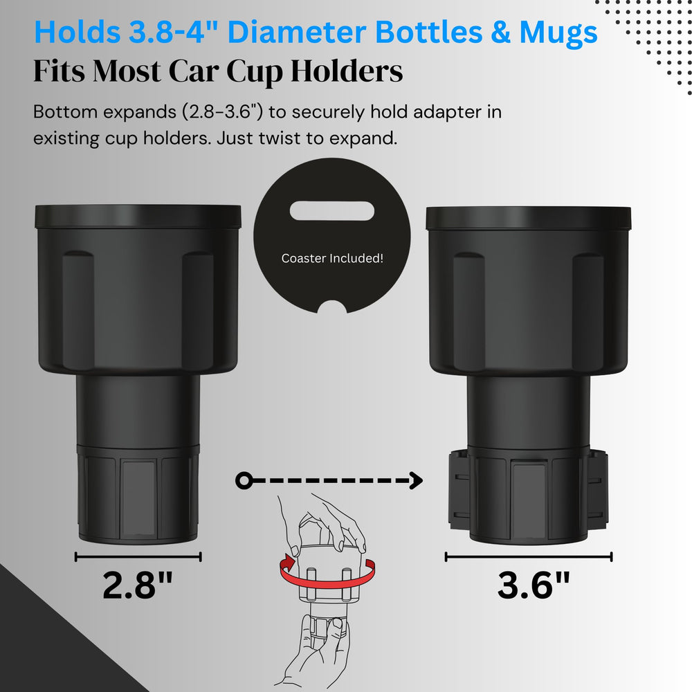 Swigzy installed in car holding a Yeti 46oz Rambler securely to prevent tipping on drives
