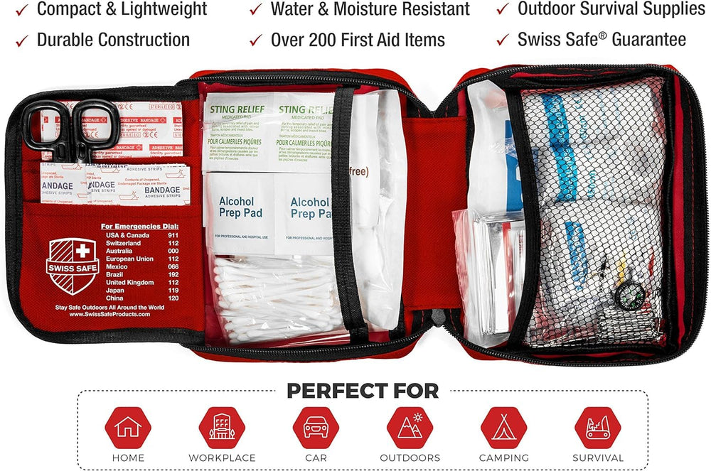 Swiss Safe close-up of bandages and gauze highlighting wound care readiness
