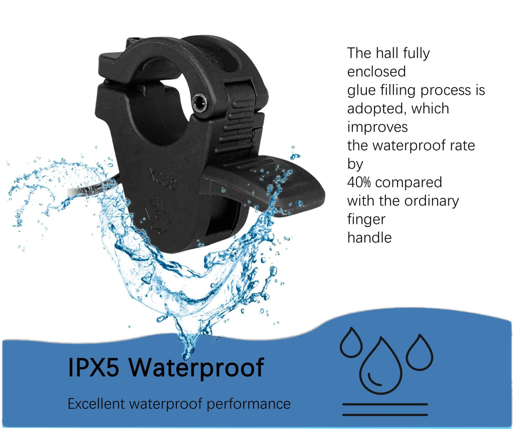 SWRXEarn throttle with water splashes illustrating waterproof protection and reliable performance